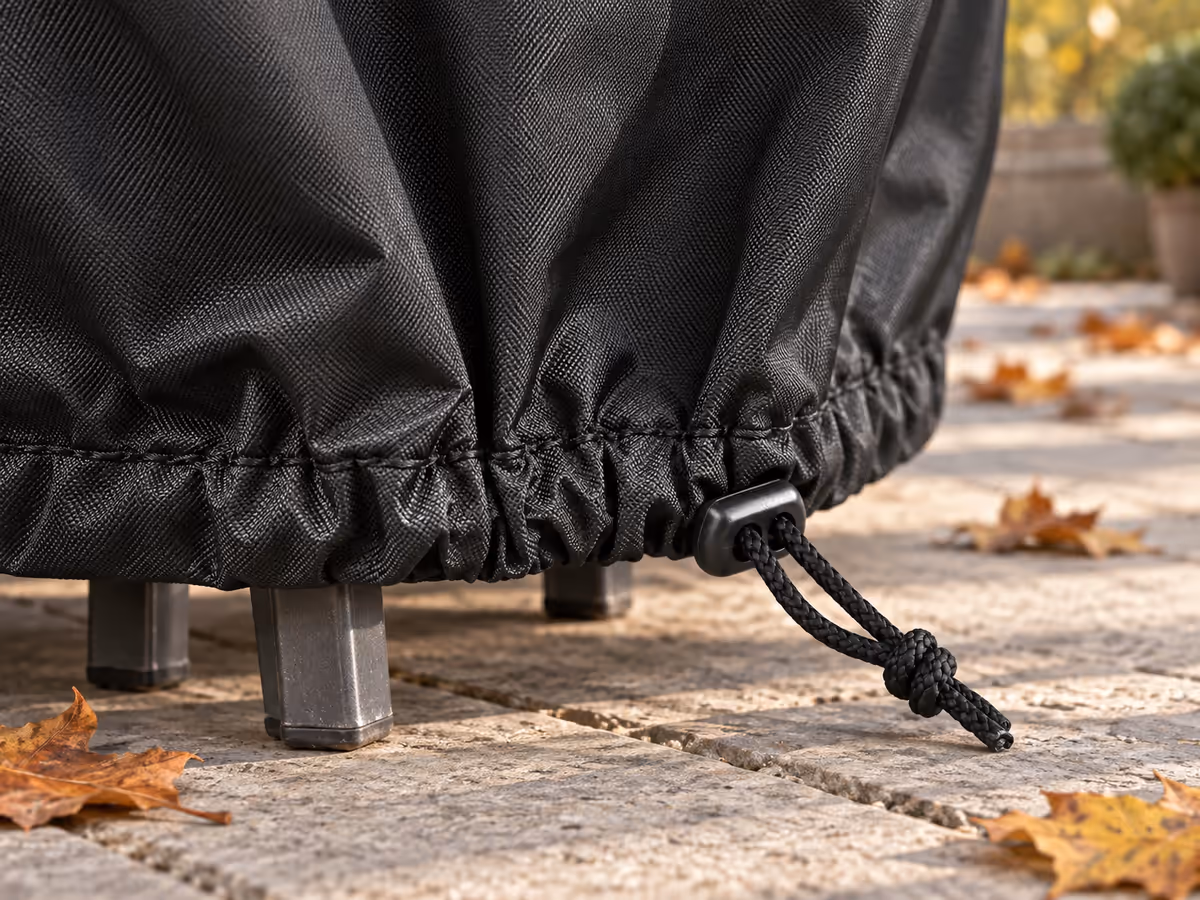 Ourlet froncé d'une housse noire serré au pied d'une pile de chaises de jardin, cordon tendu et bloqueur plastique contre le tissu