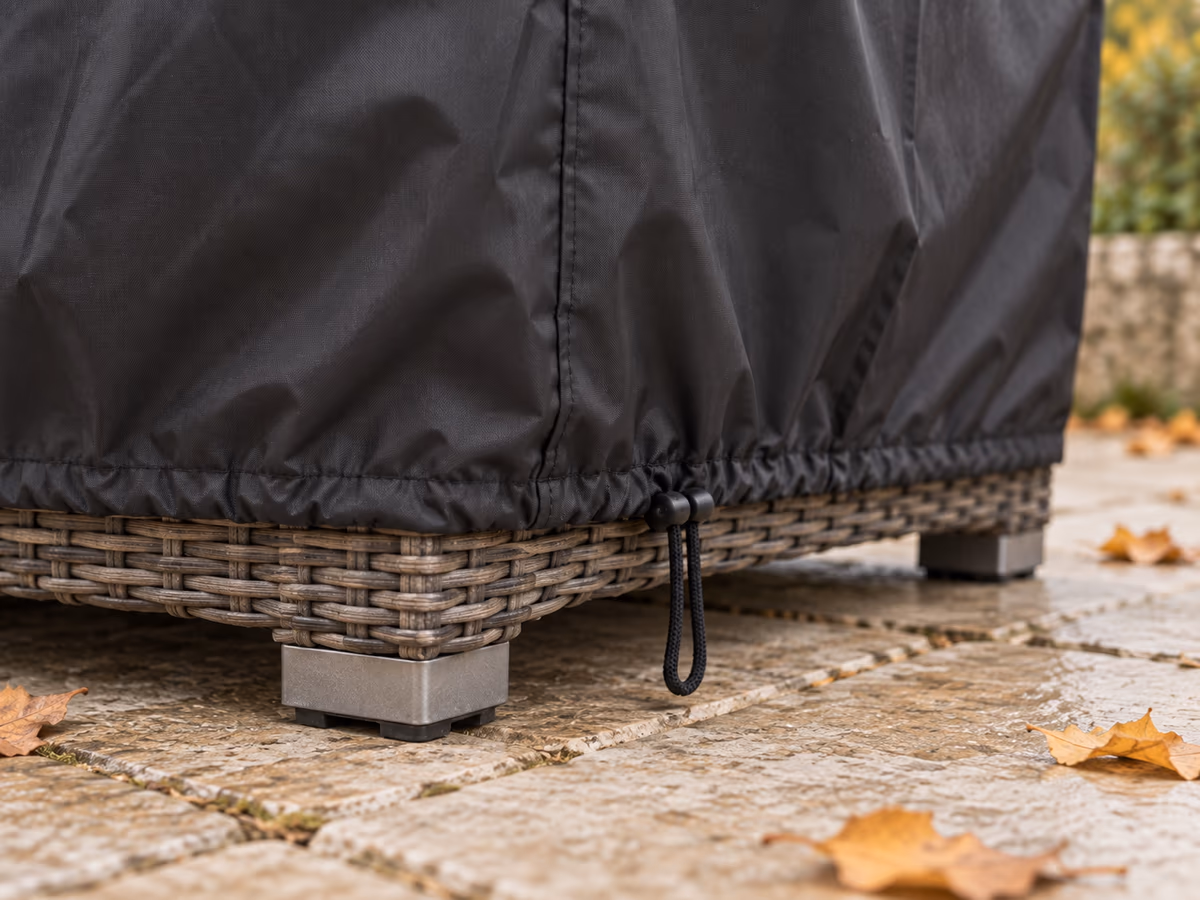 Ourlet froncé d'une housse noire serré sous la base d'un fauteuil de jardin en résine tressée, cordon tendu et verrous à câble contre le tissu