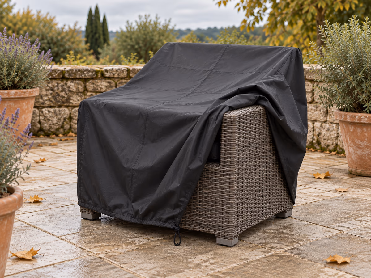 Housse de protection noire à mi-pose sur un fauteuil de jardin compact en résine tressée, toile lissée sur le dossier, terrasse en dalles claires à l'automne