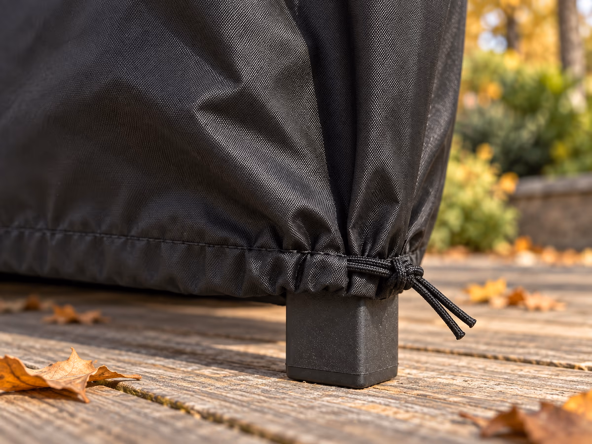 Bas d'une housse de table noire serré par un cordon noué autour de la base des pieds de la table, sur une terrasse en bois par jour sec d'automne