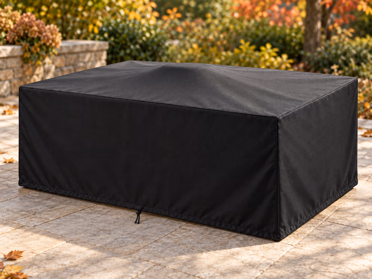 Table de jardin rectangulaire couverte d'une housse noire dont le centre forme une pente douce vers les bords, pot retourné sous la toile au milieu du plateau