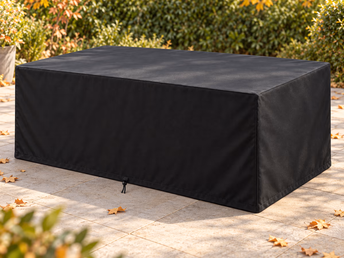 Housse noire à pans droits déployée sur une table de jardin rectangulaire en bois, retombée droite jusqu'aux dalles claires de la terrasse, à l'automne