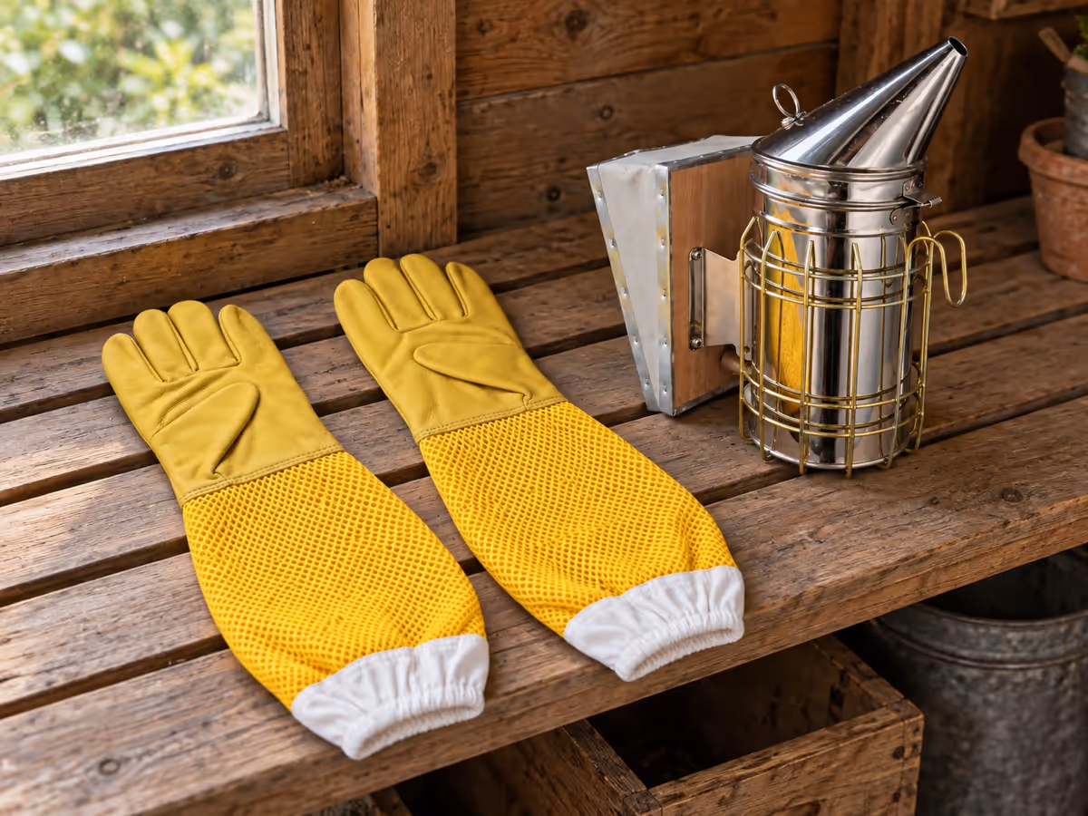 Paire de gants d'apiculteur jaunes séchant à plat sur une étagère en bois d'un abri de jardin, enfumoir posé à côté