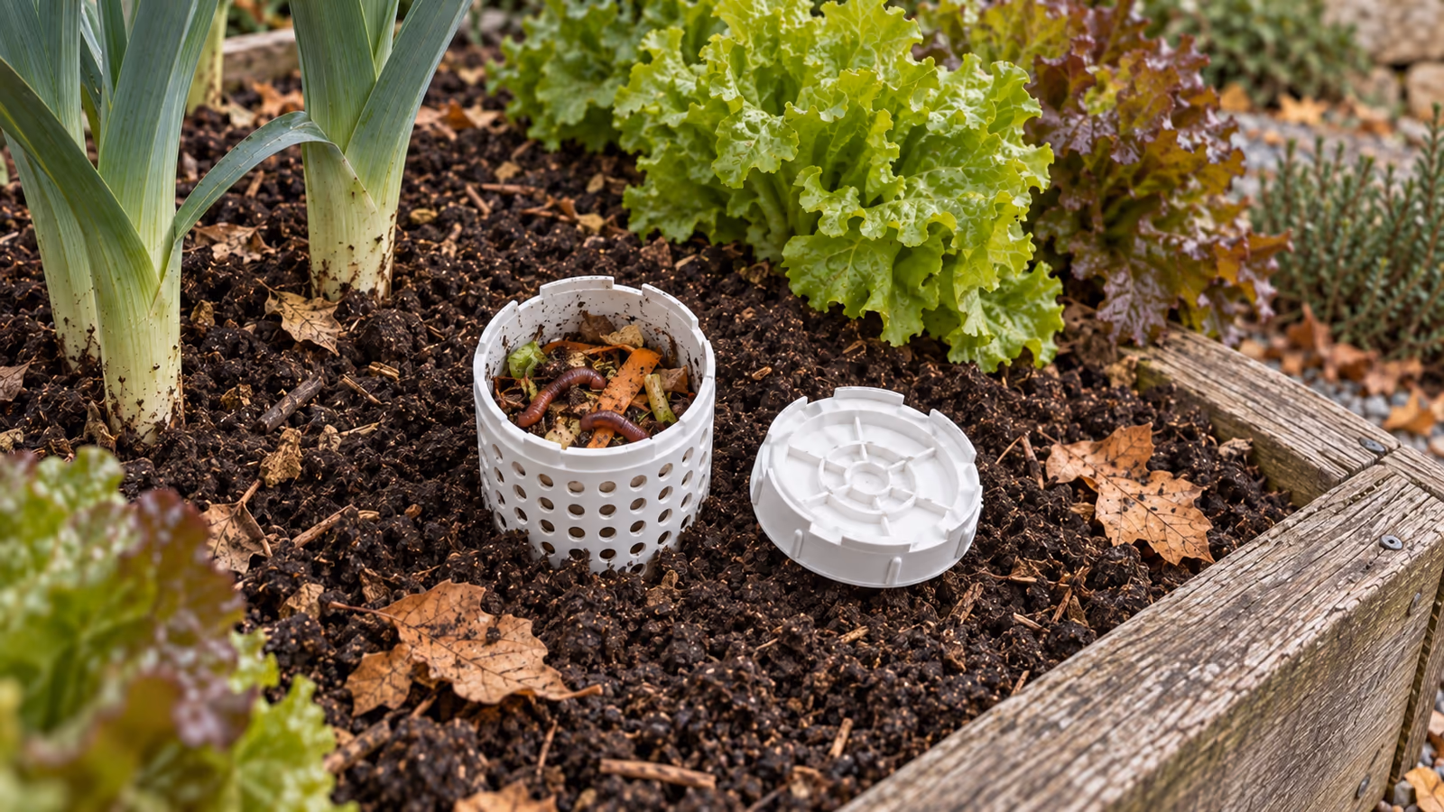 Bac à compost ouvert sur des épluchures mêlées de matières brunes, vers de terre rouges dans la masse, couvercle blanc posé de côté