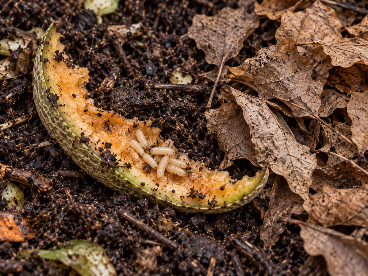 Amas de larves blanchâtres sur une épluchure de melon posée en surface d'un bac à compost, poignée de feuilles mortes à côté