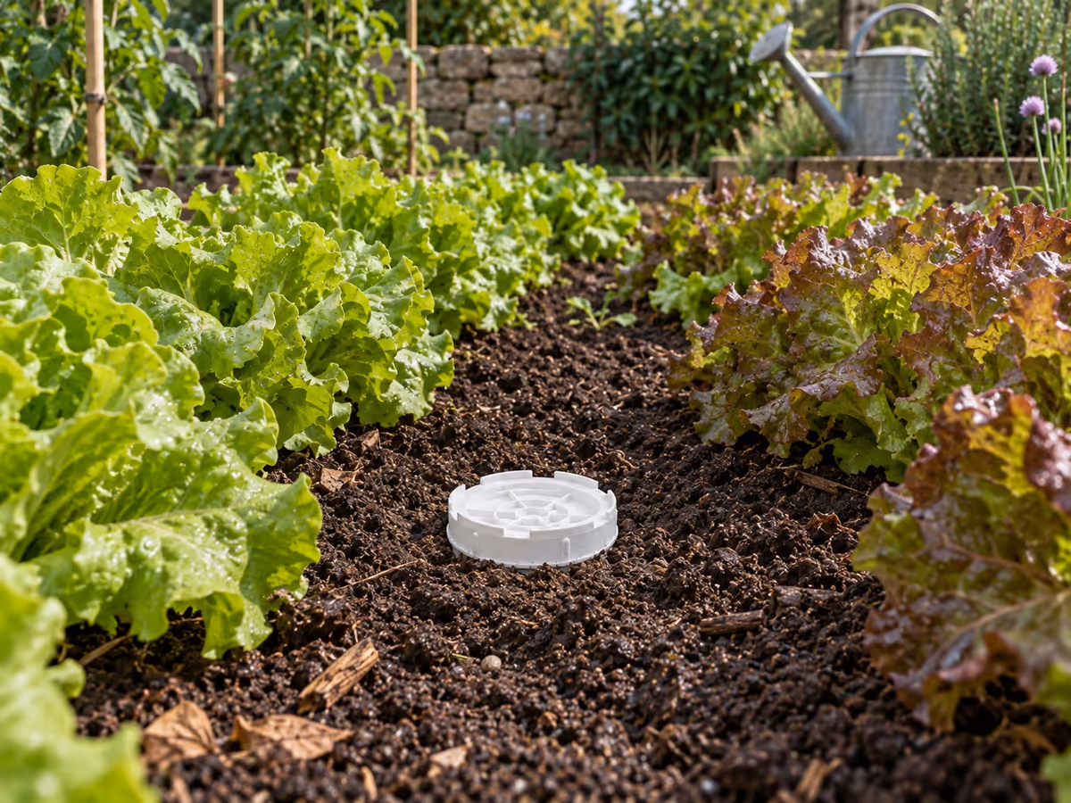 Couvercle blanc affleurant au ras de la terre entre deux rangs de salades, sol humide et émietté autour
