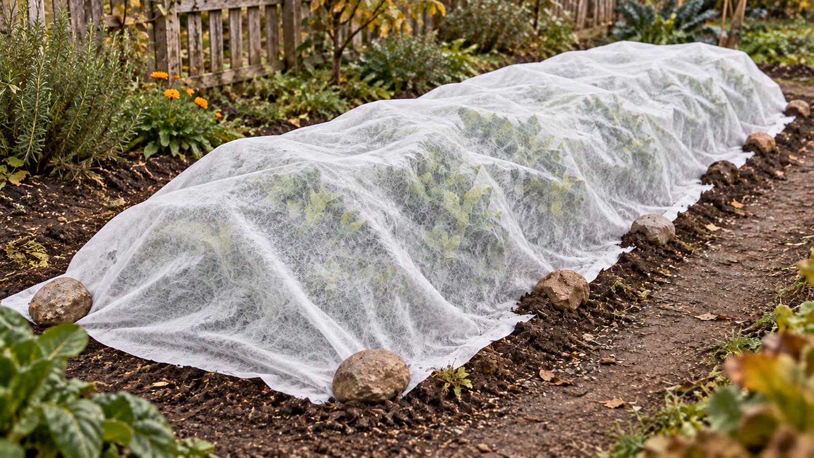 Voile d’hivernage blanc déroulé sur une planche de légumes, bords lestés au sol
