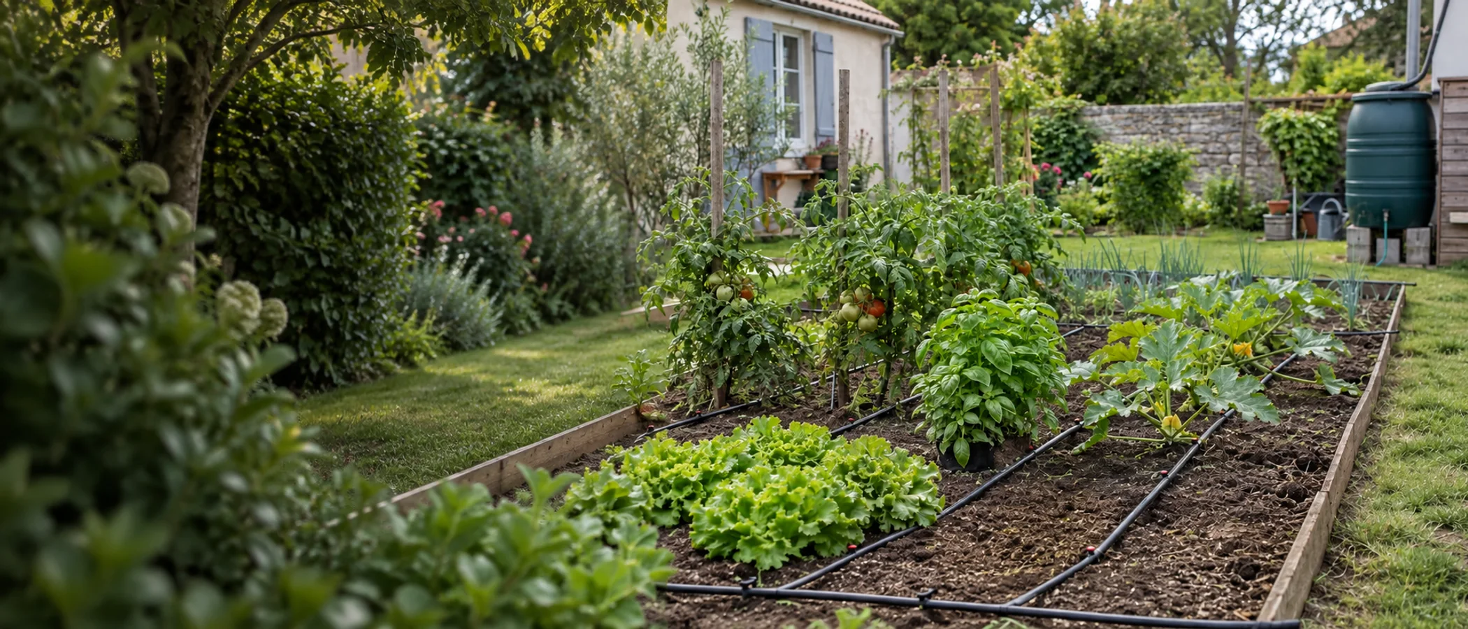 Potager équipé de goutteurs sur ligne de goutte-à-goutte